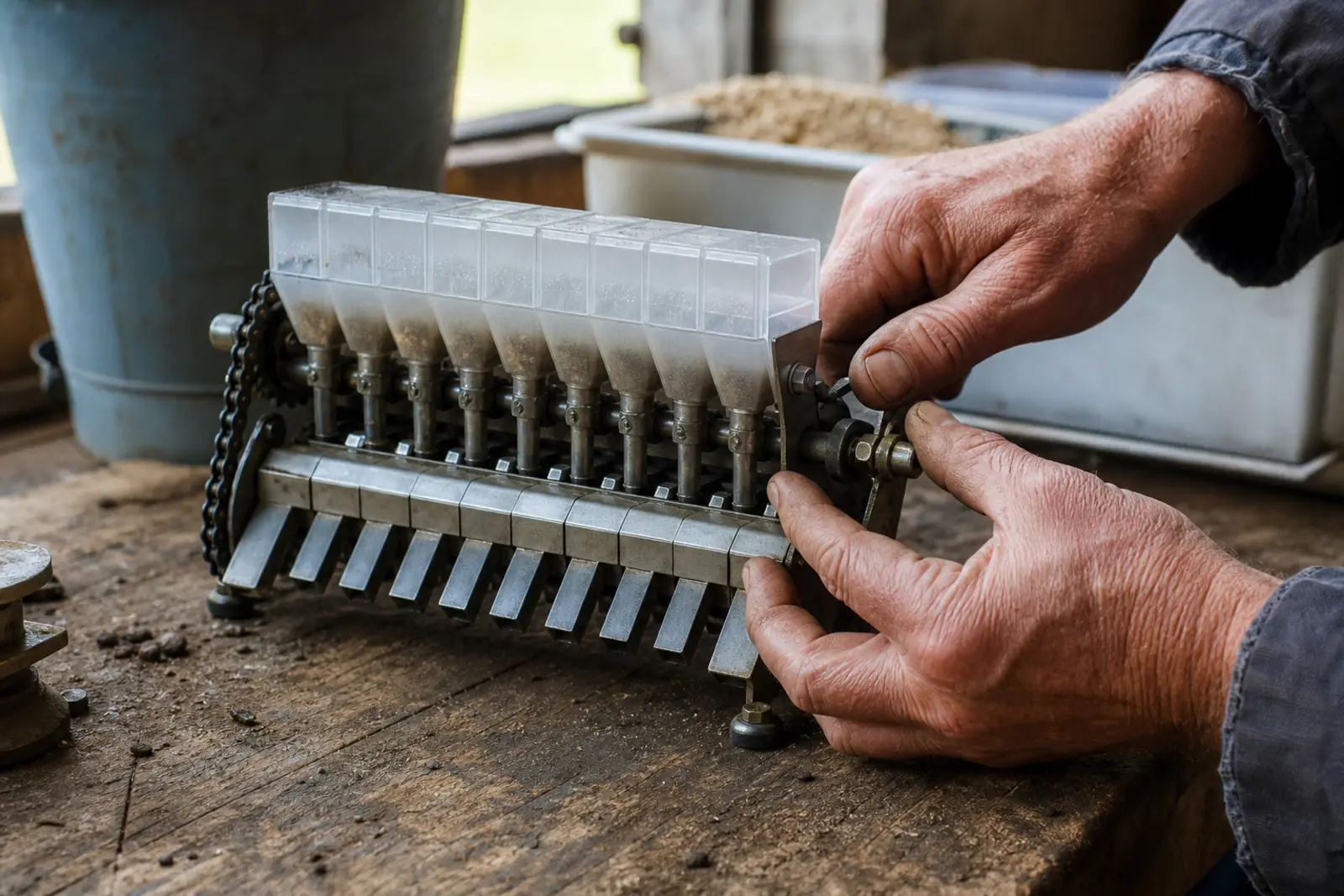 Hands adjust a low-cost agricultural device on a workbench.