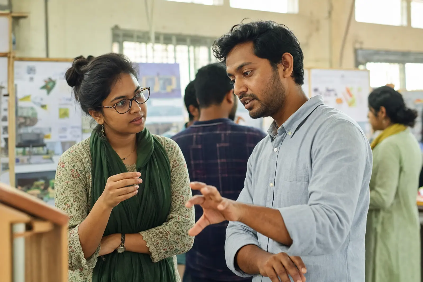 Two Bangladeshi practitioners exchange ideas at an exhibition stand.