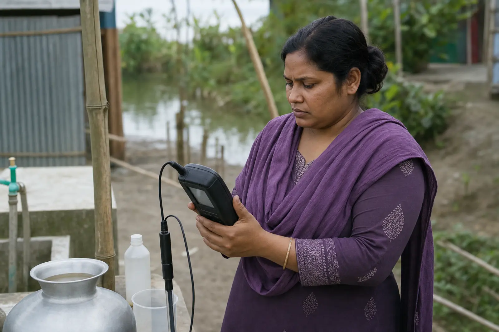 A Bangladeshi woman checks water quality at a village water point.