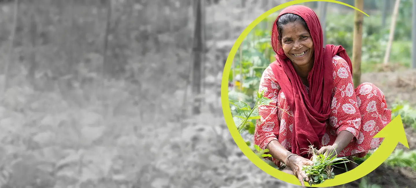 A Bangladeshi woman farmer gathers vegetables inside a circular Frugal Innovation Forum graphic.
