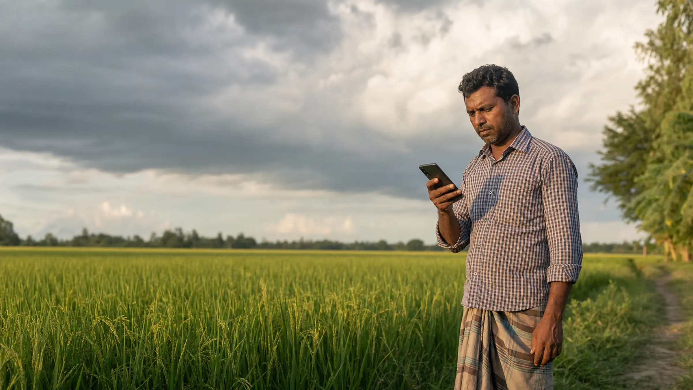A Bangladeshi farmer reads a mobile forecast beside a paddy field beneath a monsoon sky.