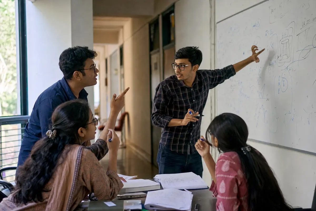 University students debate an idea beside a whiteboard.