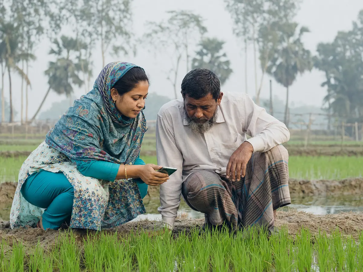 Two farmers examine a rice plot and phone advisory together.