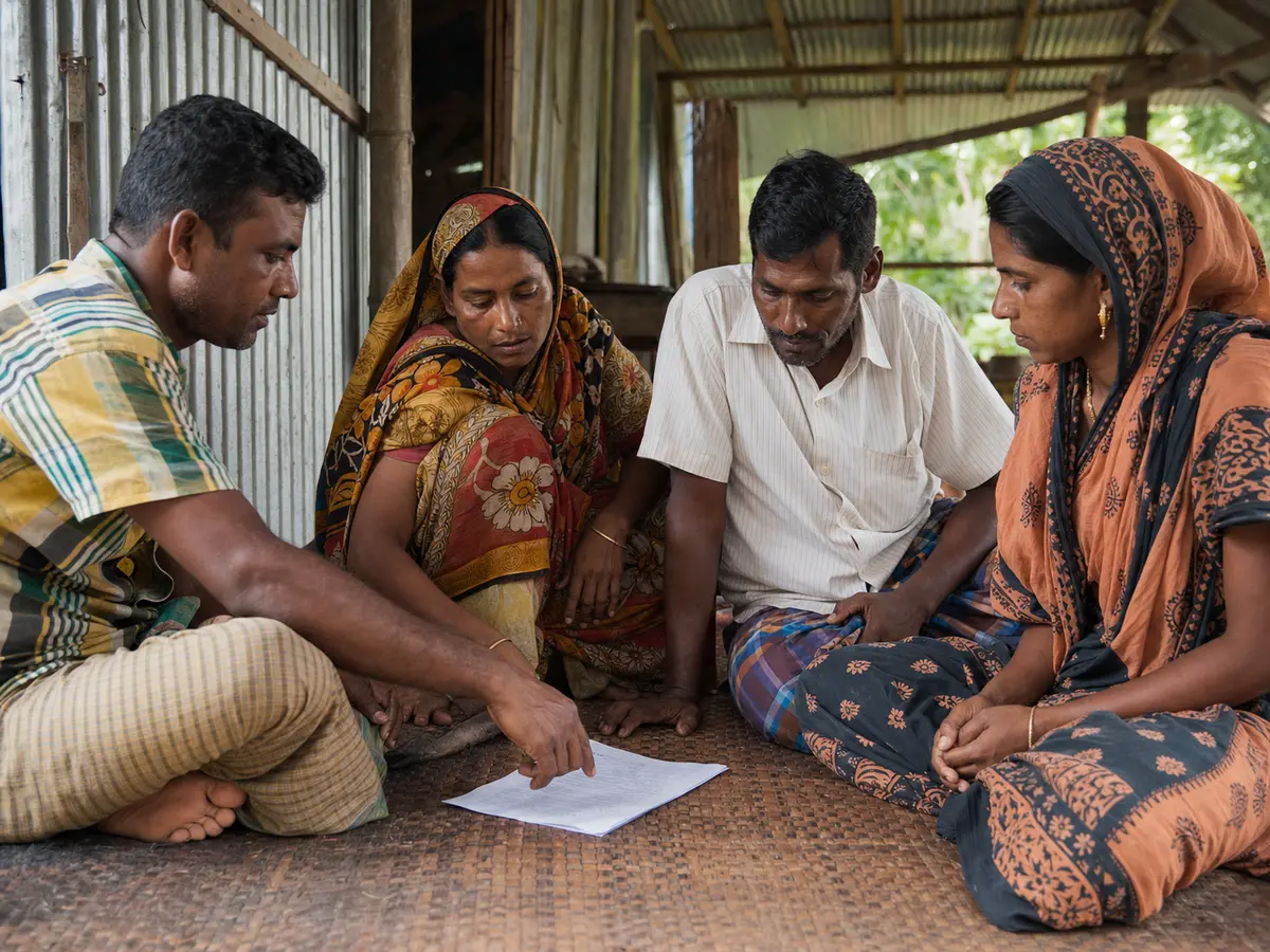 Smallholder farmers discuss a document together.