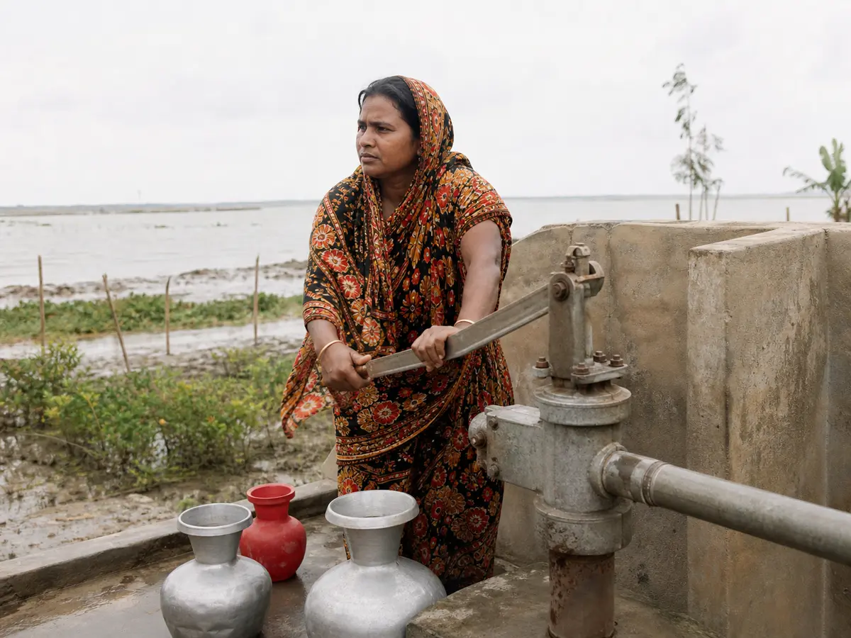 A woman operates a coastal community water point.